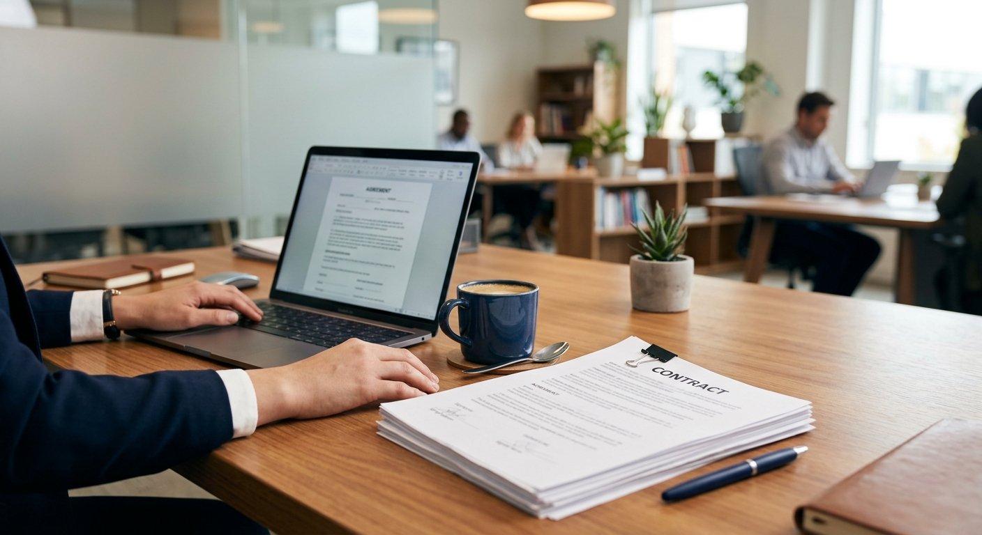 Small business owner reviewing contracts and legal documents on a laptop