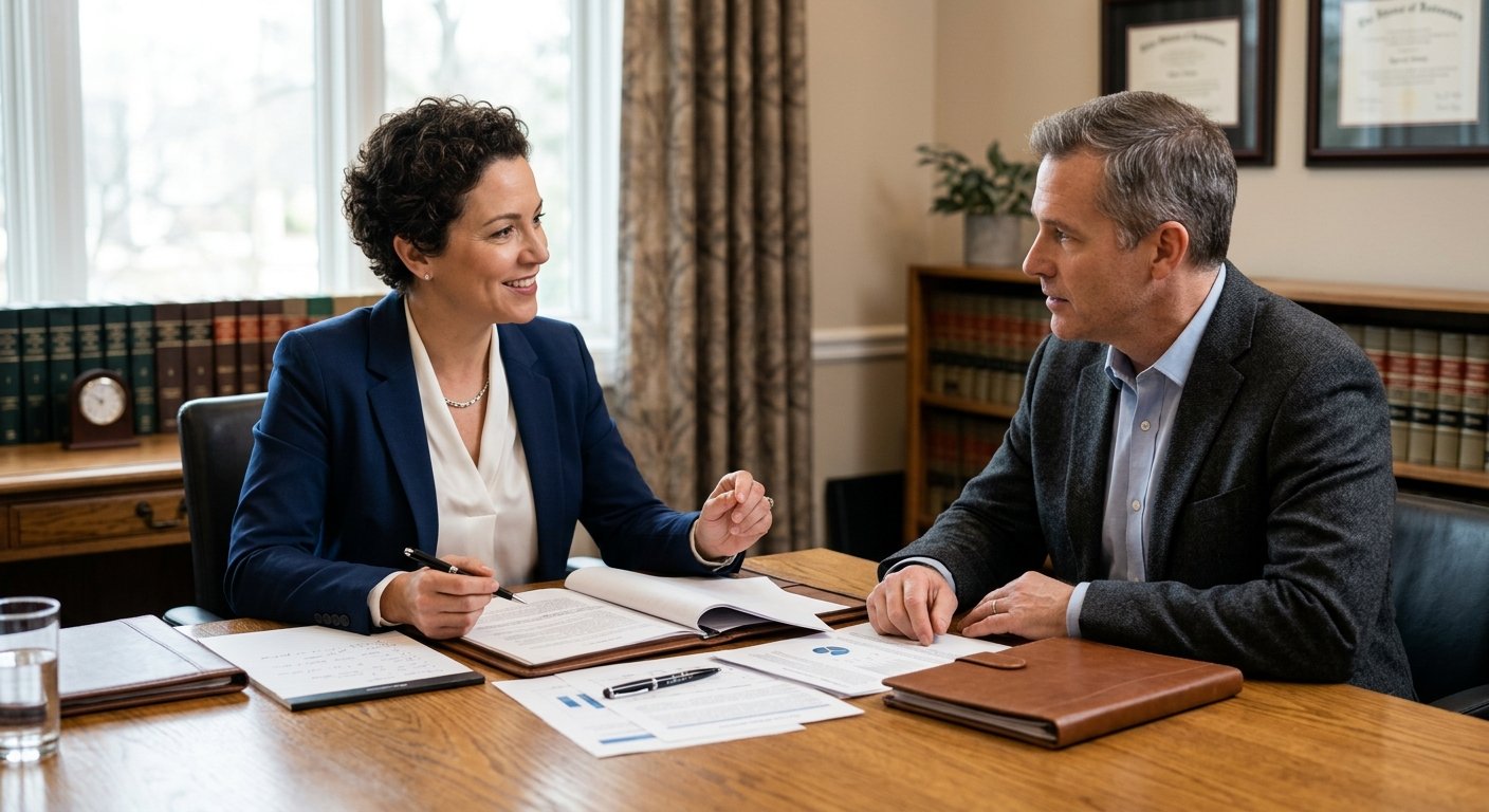 Lawyer meeting with client to discuss legal options and lawyer services